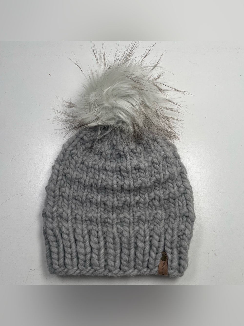 Woolly Bear Knits Gray Luxury Merino Wool Chunky Knit Beanie Hat Pom Pom